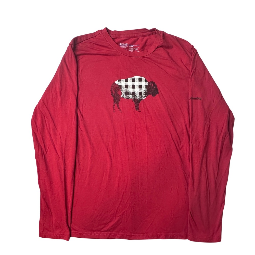 Columbia‎ Shirt Mens M Red Buffalo Plaid Long Sleeve Crew Neck Cotton Blend